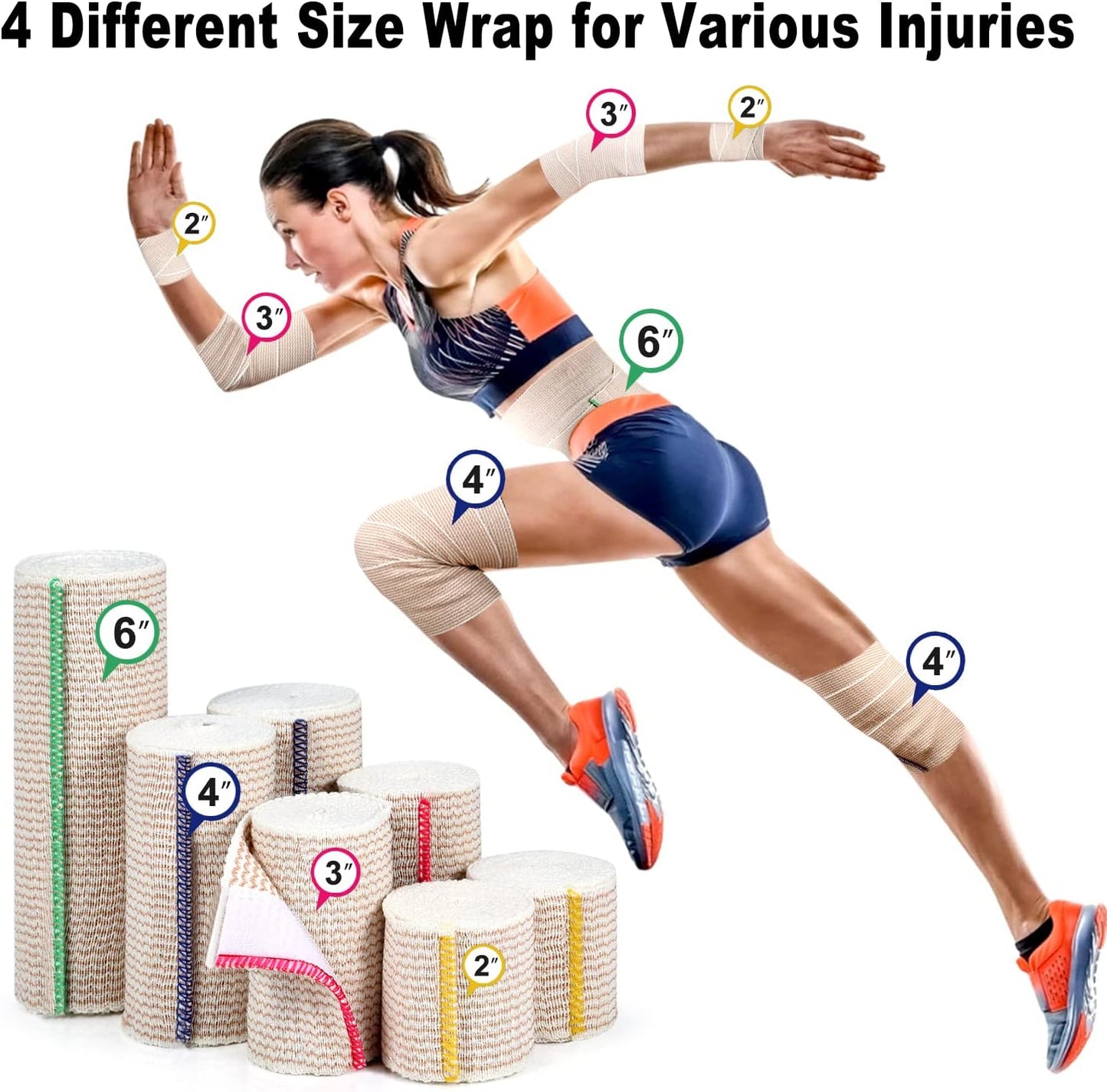 FRESINIDER Premium Elastic Bandage Wrap, 12 Pack 2" Cotton Latex Free Compression Bandage Wrap with Touch Closure at Both Ends, Support & First Aid for Sports, Medical, and Injury Recovery
