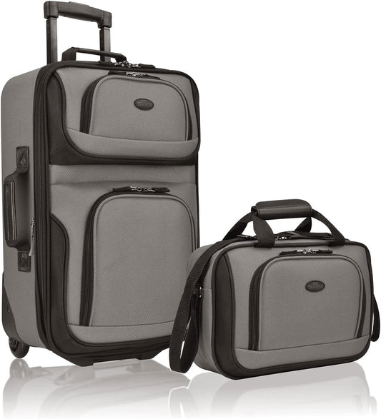U.S. Traveler, Rio Rugged Fabric Expandable Upright Rolling Carry-on Luggage Set w/Tote Bag, Grey, 2-Piece (21/14)