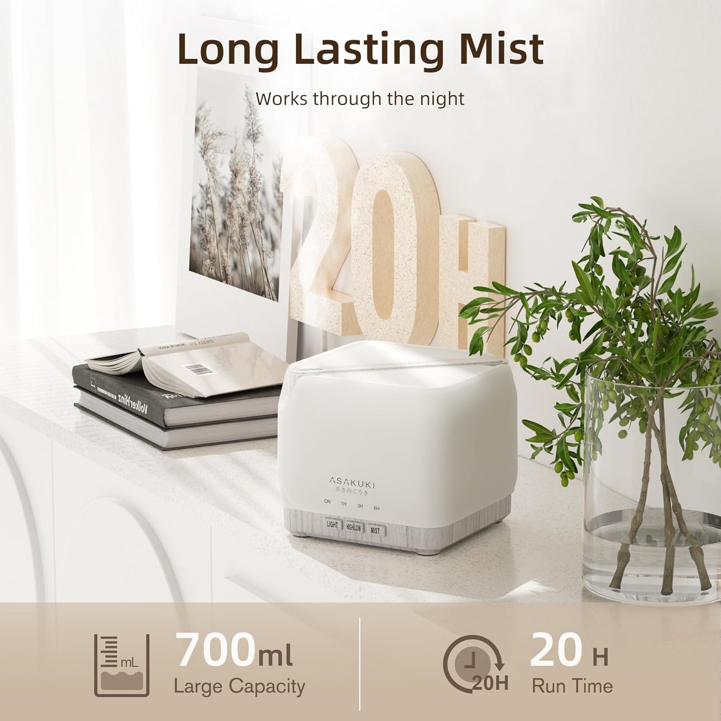 ASAKUKI 700 ml Premium Essential Oil Diffuser, 5 in 1 Ultrasonic Aromatherapy Fragrant Oil Vaporizer Humidifier, Timer and Auto-Off Safety Switch, 7 LED Light Colors