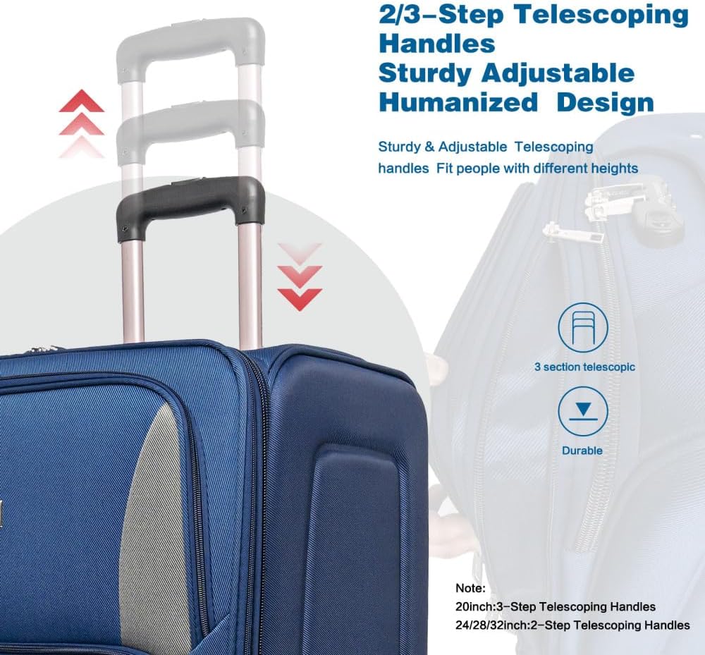 Lispin Luggage Set Softshell Expandable 4 Piece Suitcase with Wheels Softside Lightweight Travel Carry on Luggage (Navy Blue + Polyester)