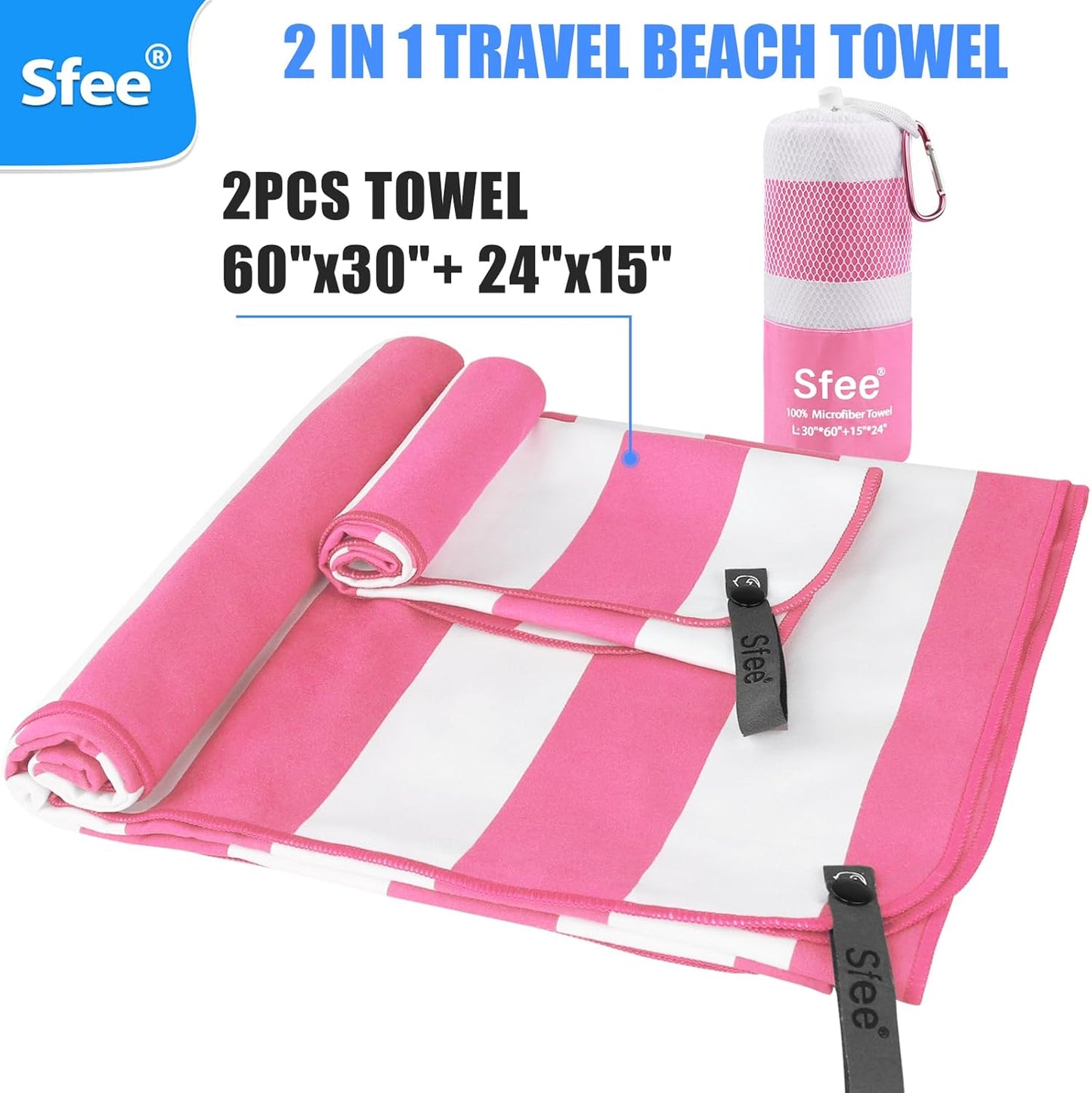 Sfee 2 in 1 Microfiber Beach Towel, Quick Dry Towel Camping Towel Travel Towel Super Absorbent Compact Lightweight Sports Gym Towels Set for Beach, Gym, Hiking, Pool, Backpacking, Bath, Yoga