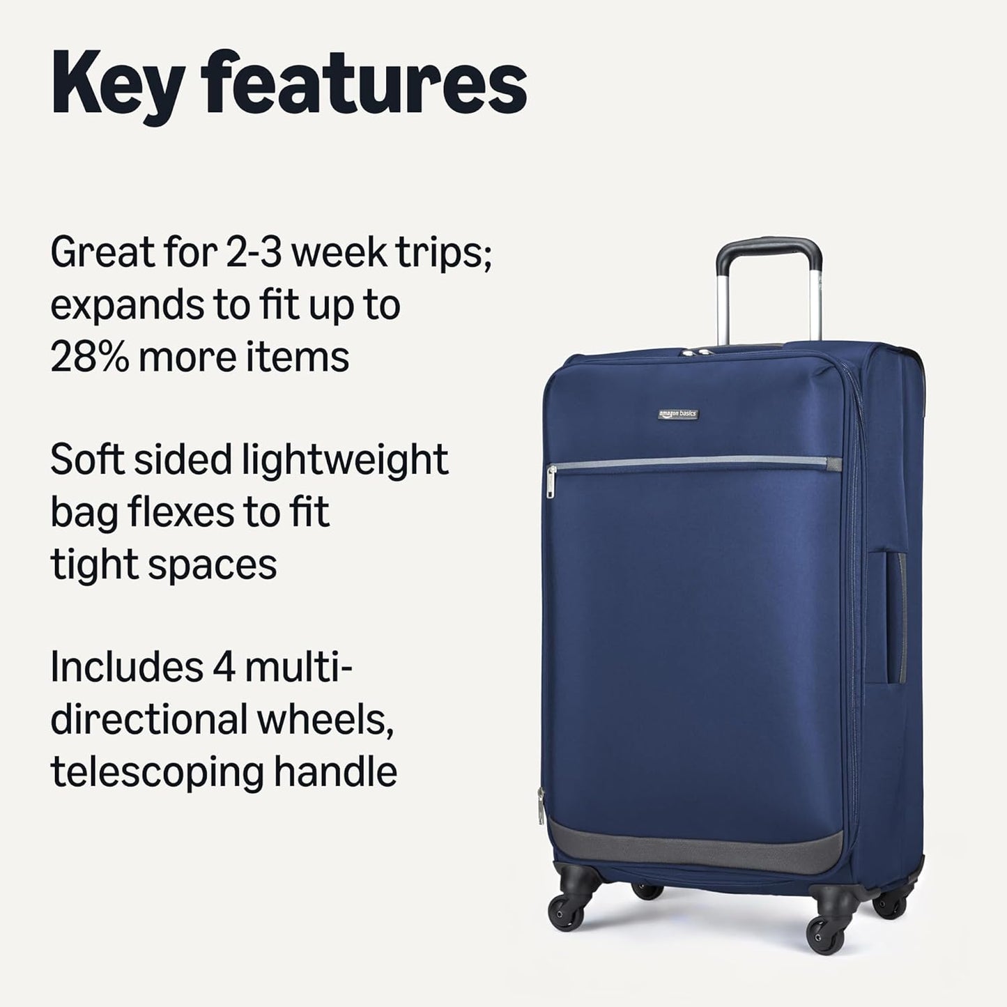 Amazon Basics Luggage, 28" Large Checked Softside Suitcase With Wheels With Four 360-Degree Multi-directional Spinner Wheels Expandable Space Zippered Pocket and Straps, Telescopic Handle, Navy Blue