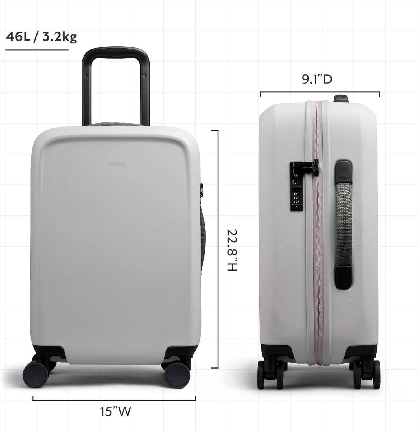 Bellroy Transit Carry-On Plus (46L carry-on luggage, with hard shell and removable packing cells) - Chalk