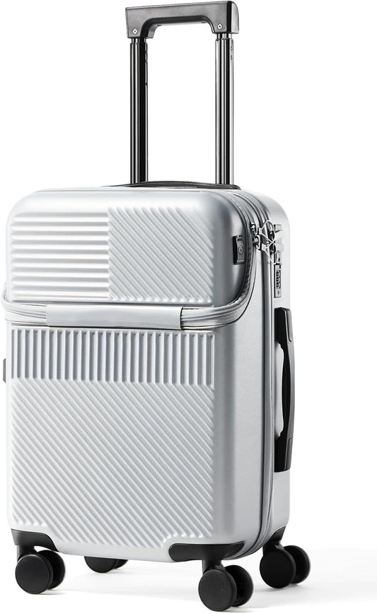 UrbanExplorer 20 Inch Carry-On Luggage with Front Opening, Cup Holder & USB Port, Lightweight ABS+PC Hardshell Spinner Suitcase, Airline Approved, 360° Wheels, Sliver