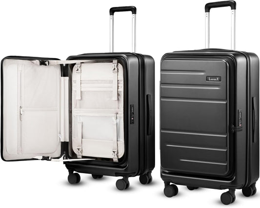 Checked Luggage Top Opening, FLT Expandable Polycarbonate Hard Shell Suitcase with Wheels (FX-Lite, Black, 24 Inch, 63L-70L)