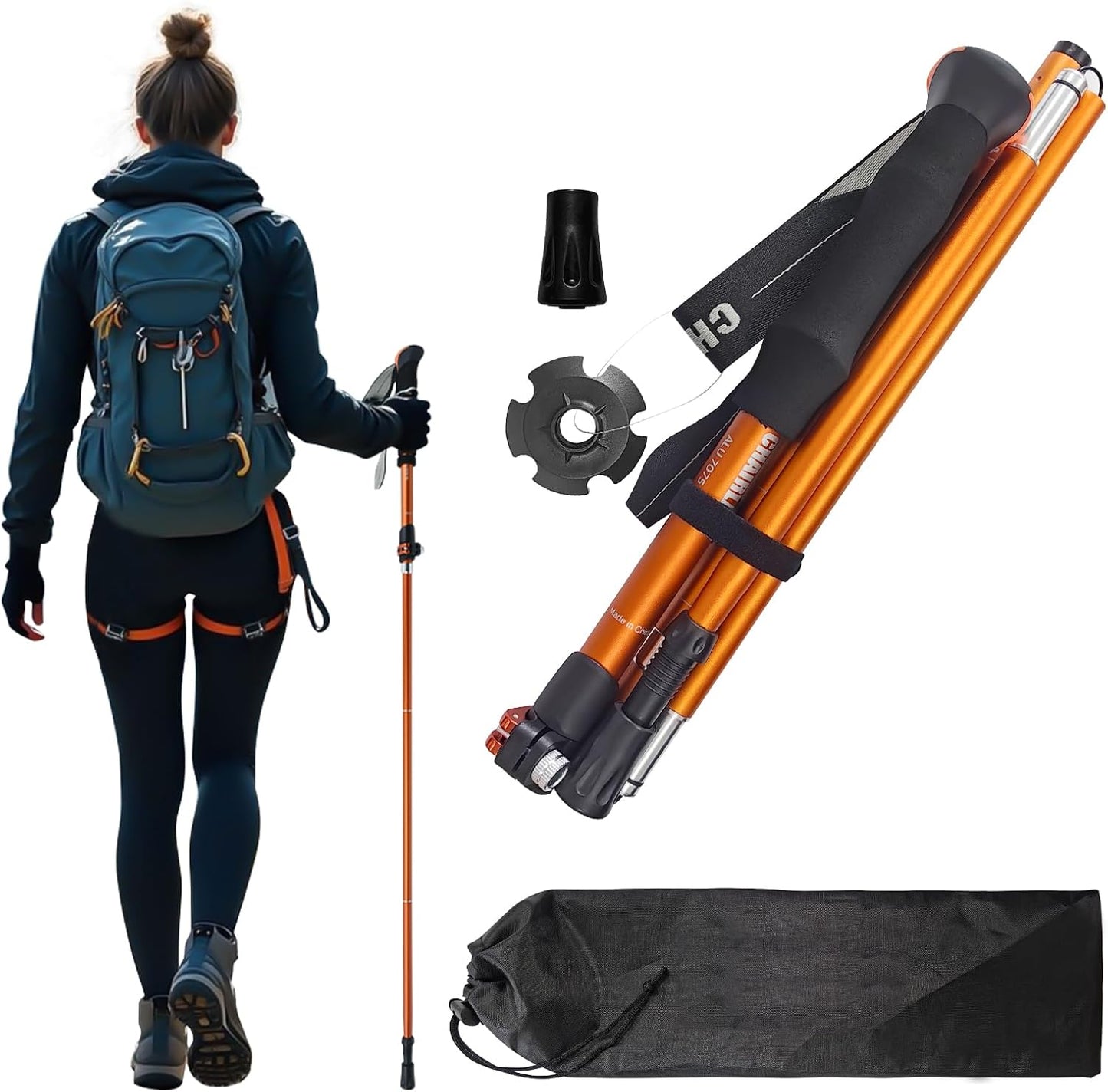 Collapsible Trekking Pole,7075 Aluminum Adjustable 43.3"-51.2" Hiking Pole, Quick-Lock Design,Walking Sticks for Hiking/Camping/Travel (Matte Orange)