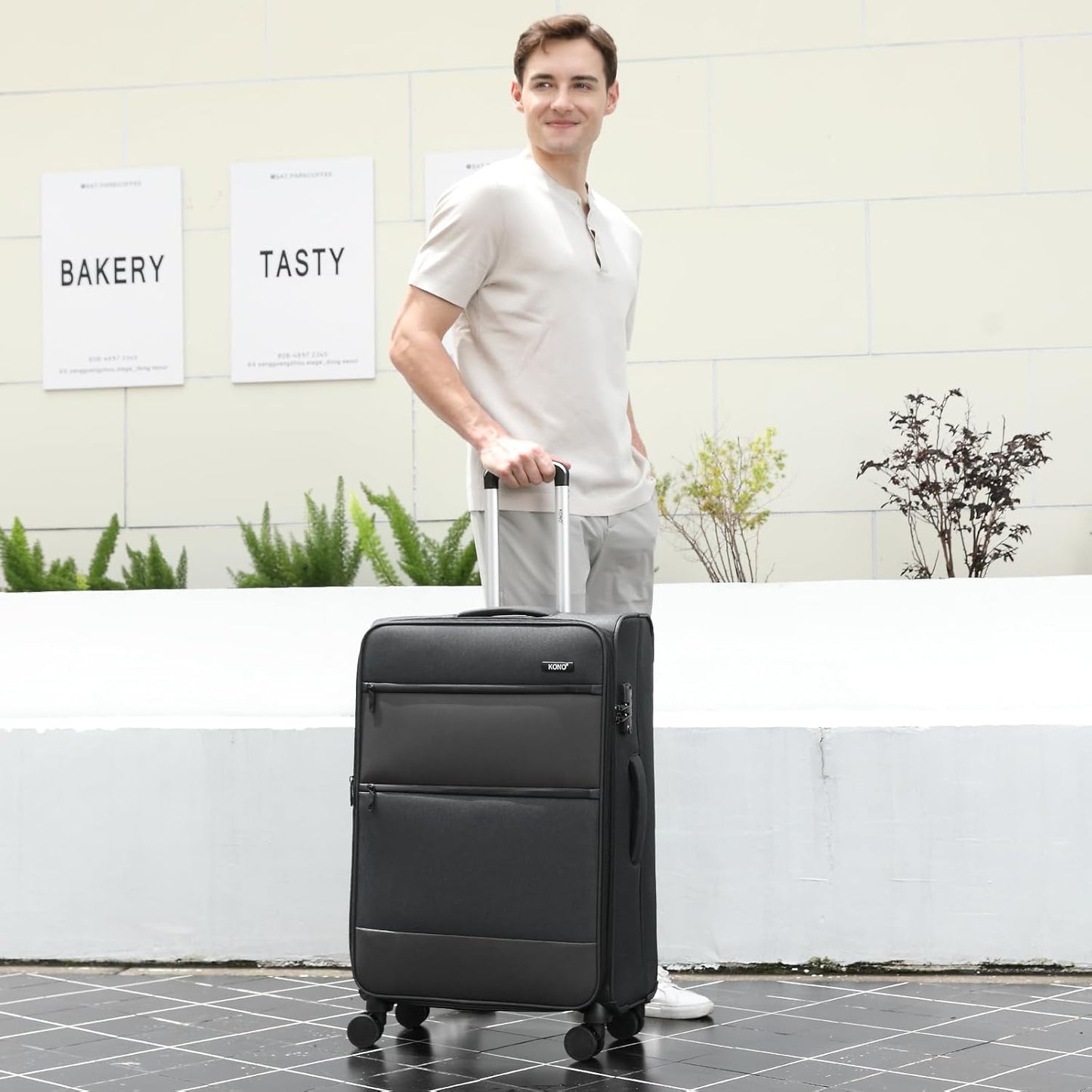 Kono 28 Inch Softside Expandable Checked Luggage with 8 Spinner Wheels TSA Lock Softshell Lightweight Business Travel Suitcase for Men and Women, Black