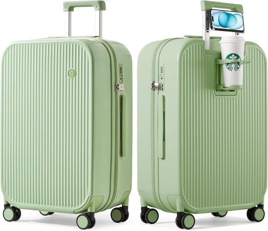 mixi Checked Luggage with Cup Phone Holder Hard Shell Rolling Travel Suitcase with Spinner Wheels,26 Inch Avocado Green