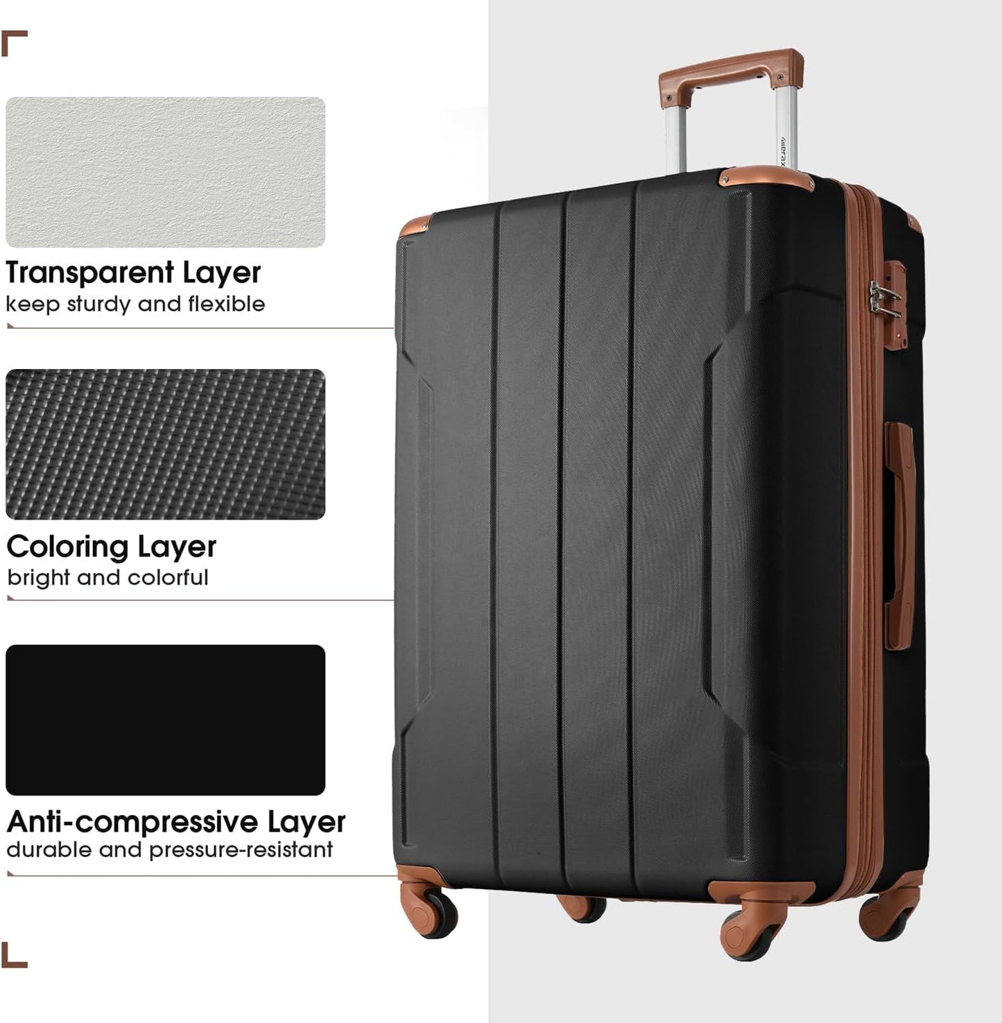 Merax 28 Inch Checked-Large Luggage with Wheels Aluminum Alloy Corner Hard Shell Suitcase TSA Luggage Suitcases for Travel Woman Men(Black Brown)