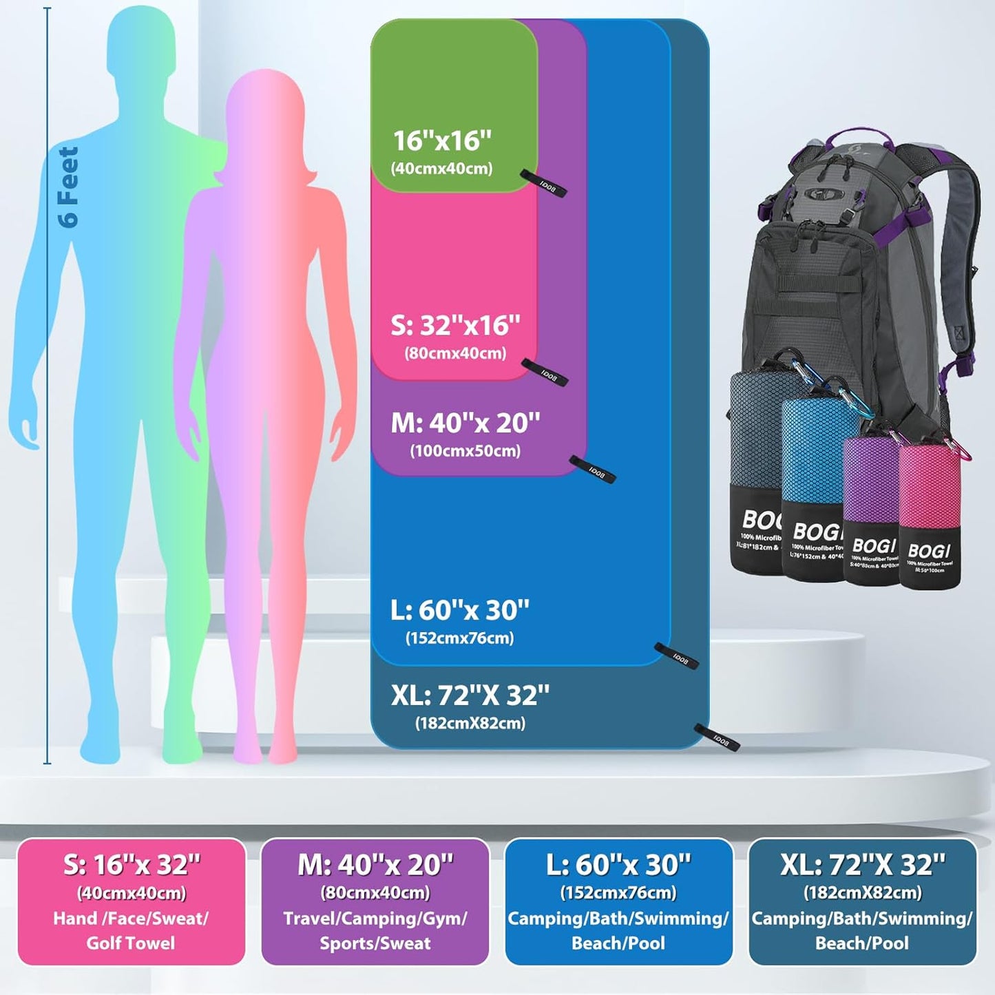 BOGI Microfiber Travel Sports Towel-Quick Dry Soft Lightweight Absorbent Compact for Camping Gym Beach Bath Yoga Swimming Backpacking (XL:72''x32''+16''x16''-Black)