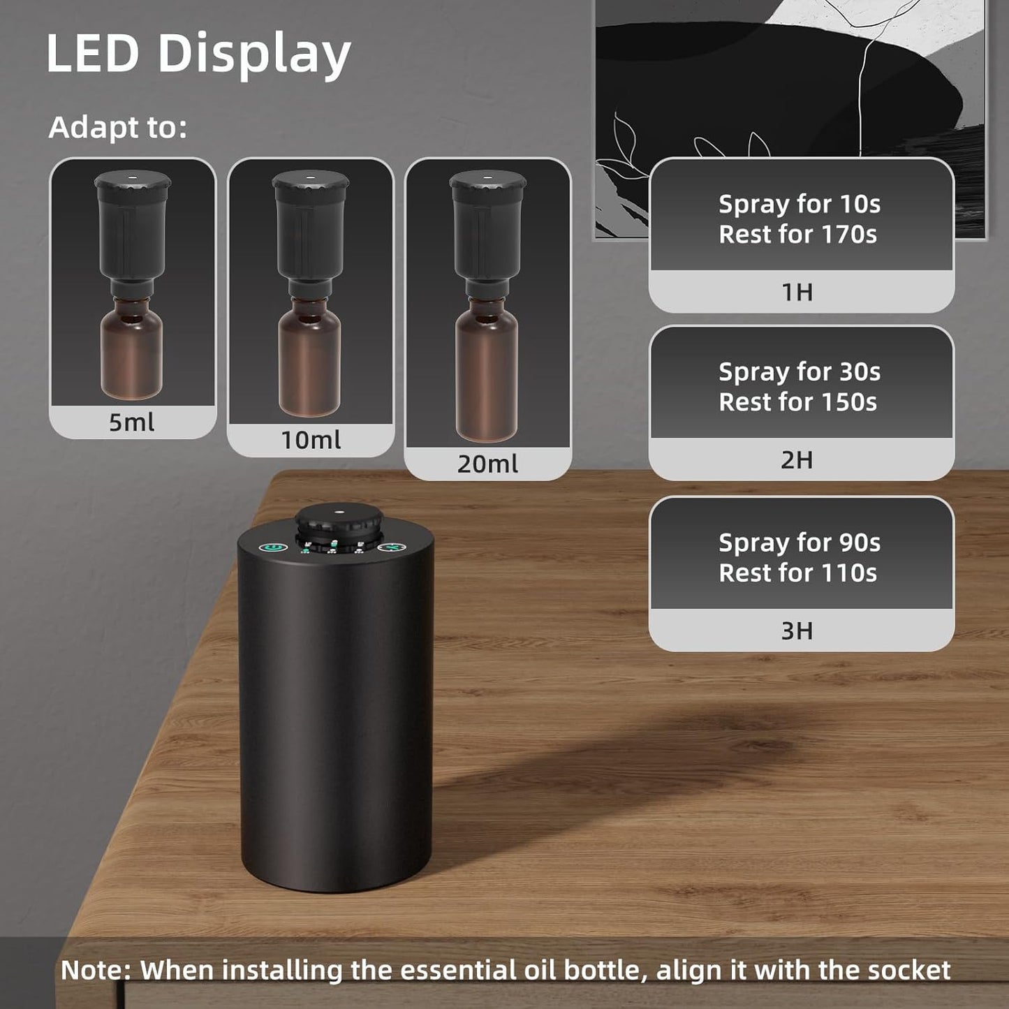 Waterless Essential Oil Diffuser for Home Battery Operated Cordless Scent Diffuser with Timing & 3 Mist Levels car Diffuser，Black Aluminum Alloy