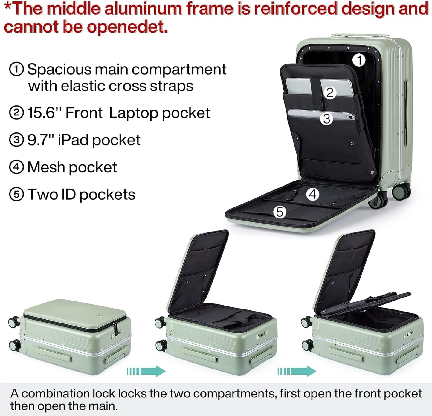 Hanke Grace Hard Shell Suitcases with Wheels,20 Inch Carry On Luggage Airline Approved with Aluminum Frame, Travel suitcase with Front Pocket Travel Luggage for Short Business Trips, Bamboo Green.