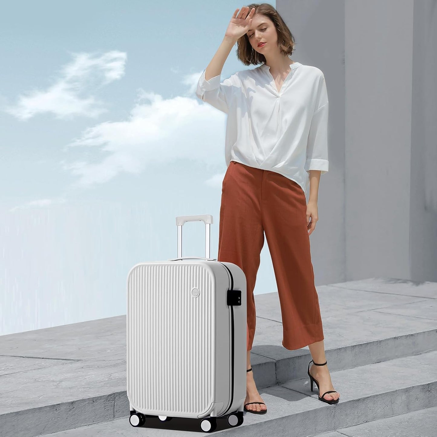 mixi Hardside PC Suitcase 20 Inch Carry On Luggage Spinner Wheels TSA with Cover, Smoke White