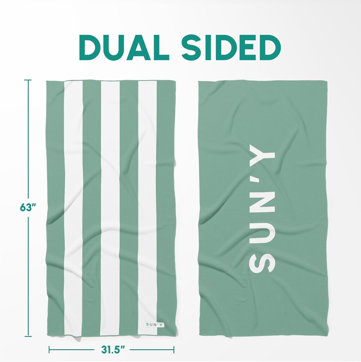 SUN'Y Waffle Microfiber Beach Towel – Sand Free, Quick Dry, Ultra Absorbent, Lightweight & Compact Travel Towel with Carry Bag - Large (63” x 31.5”), Sea Green