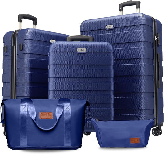 AnyZip Luggage Set 5 Piece PC ABS Hardshell Lightweight Suitcases for Travelling with 4 Universal Wheels TSA Lock Carry on Suitcase Dark Blue