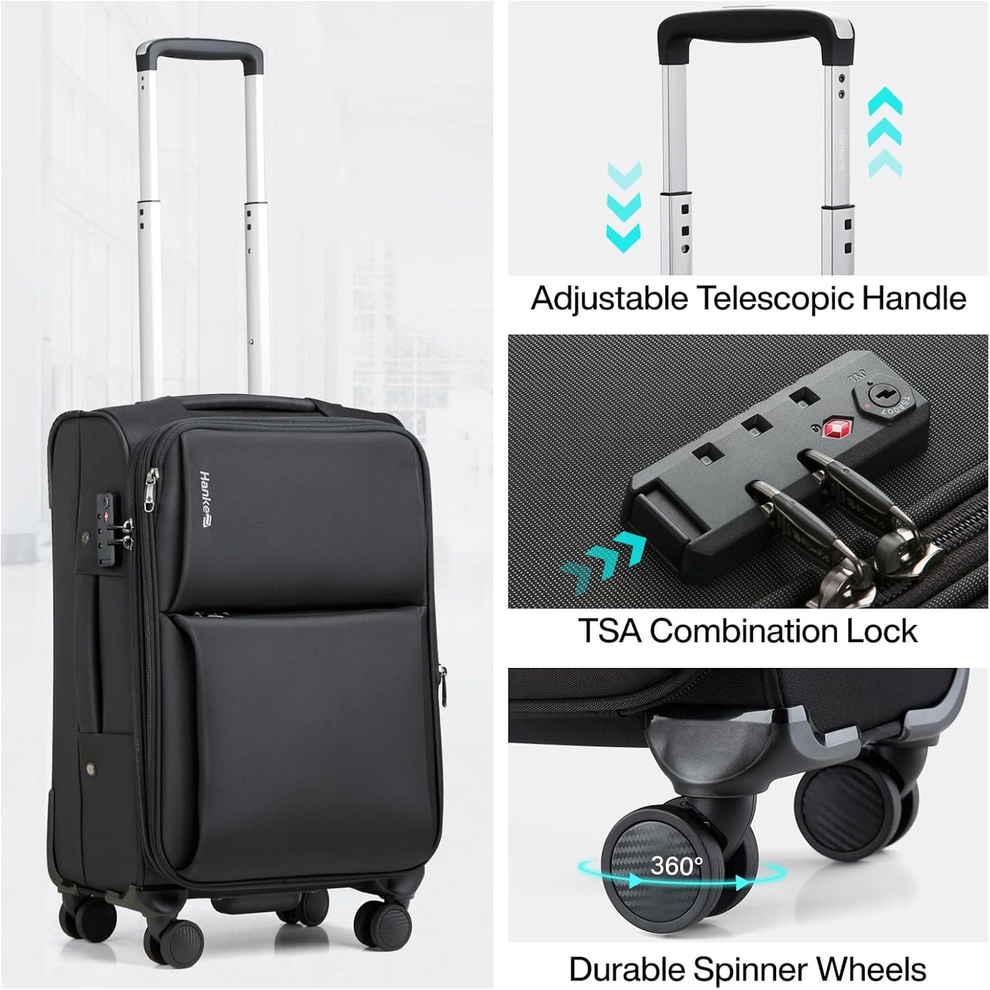 Hanke 3 Piece Luggage Sets Softside Expandable Carry On Luggage Set Travel Suitcase Sets with Spinner Wheels TSA Approved Luggage(Black, 20in/24in/28in)