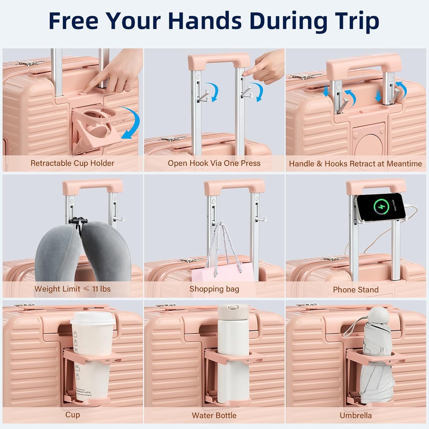 Hard Shell Suitcases Expandable Travel Luggage Sets 3 Piece, Carry on and Check in 3 Piece Luggage Suitcase Sets with Spinner Wheels Cup Holder Charger Built in (Pink, 20/24/28)