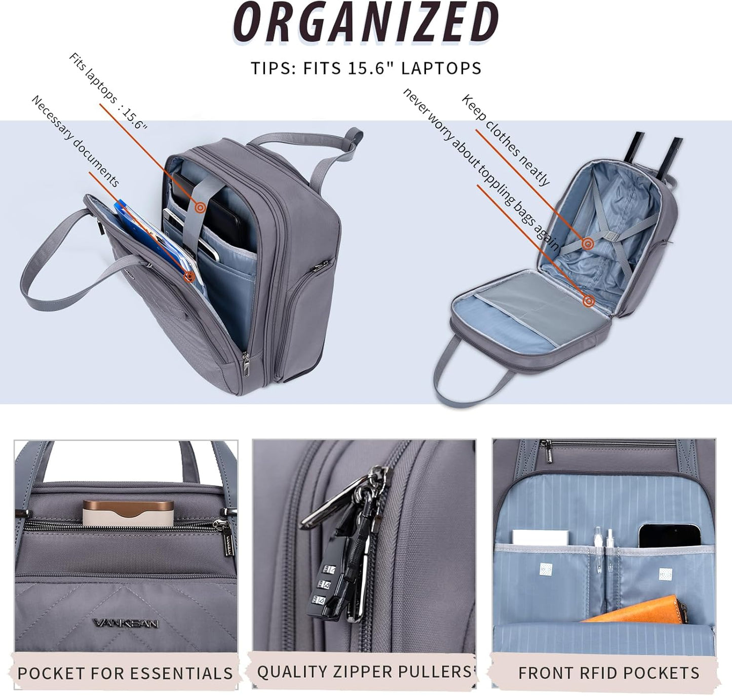 VANKEAN Carry On Underseat 16-inch Multi-functional Underseater Lightweight Overnight Suitcase with Wheels, Roller Case for Men Women Travel Business, Dark Grey