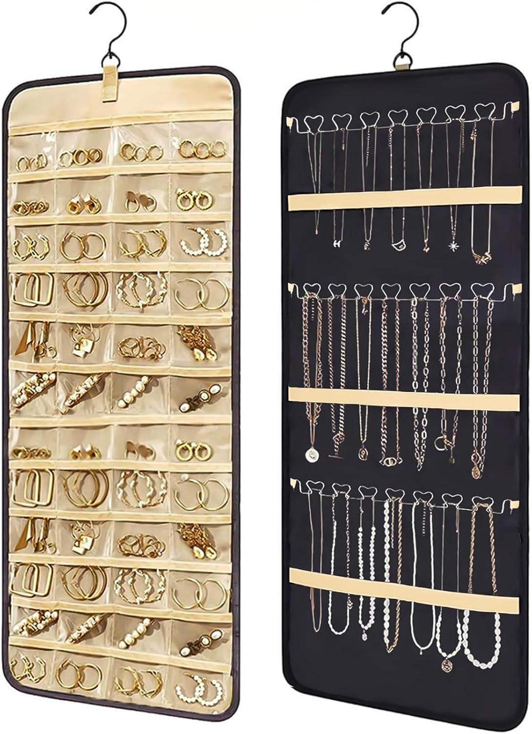 Bloss Hanging Jewelry Organizer-48 Pockets Dual-Sided Hanging Jewelry Organizers and Storage for Necklaces, Earrings Holder on Closet, Wall, Door, Christmas Gifts for Women,Blcak