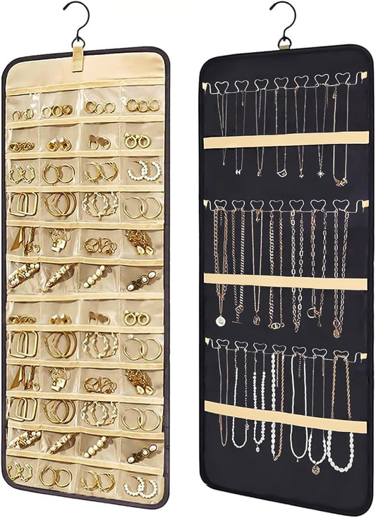 Bloss Hanging Jewelry Organizer-48 Pockets Dual-Sided Hanging Jewelry Organizers and Storage for Necklaces, Earrings Holder on Closet, Wall, Door, Christmas Gifts for Women,Blcak