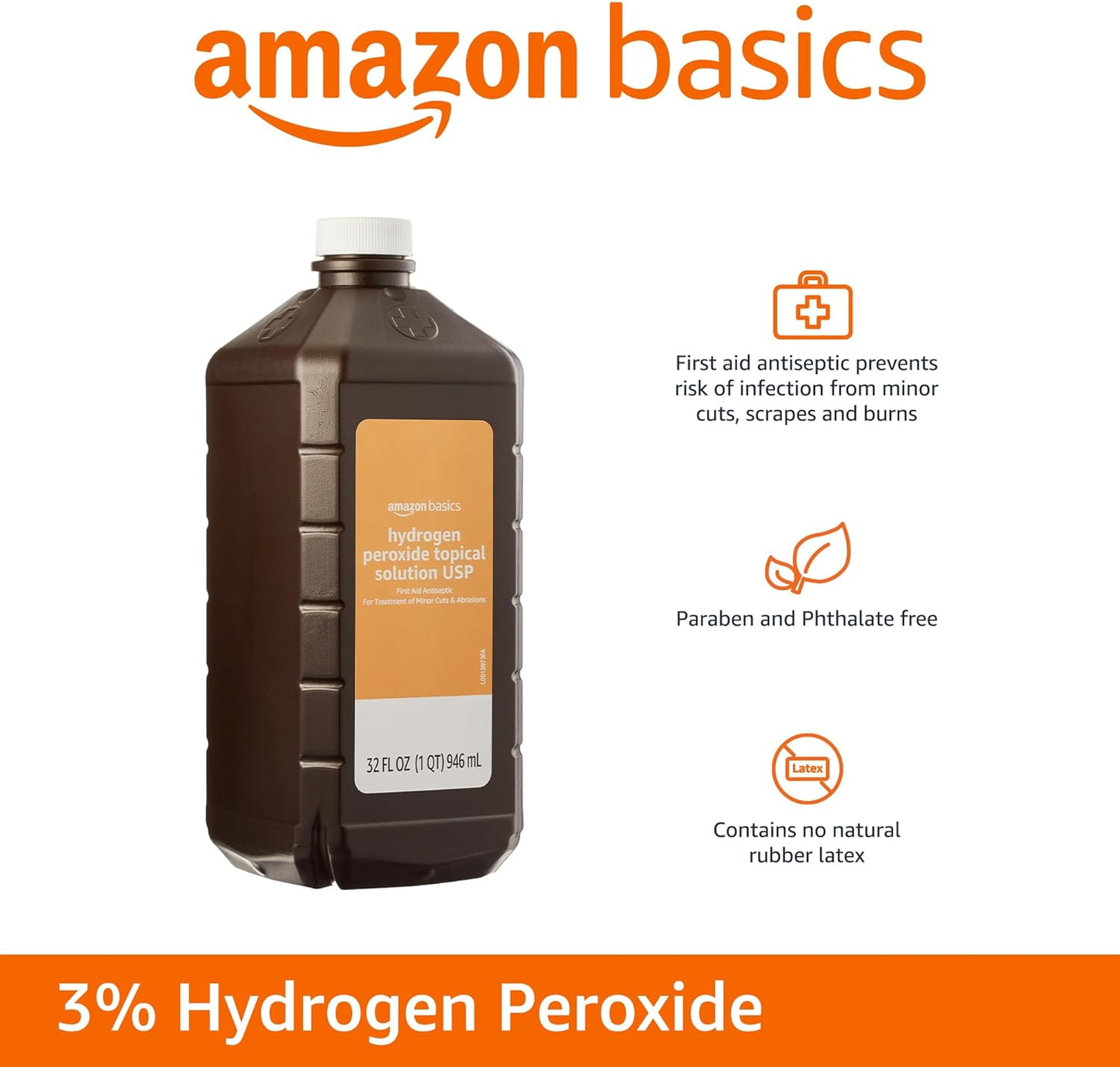 Amazon Basics Hydrogen Peroxide Topical Solution USP, Unflavored, 32 Fl Oz, Pack of 6
