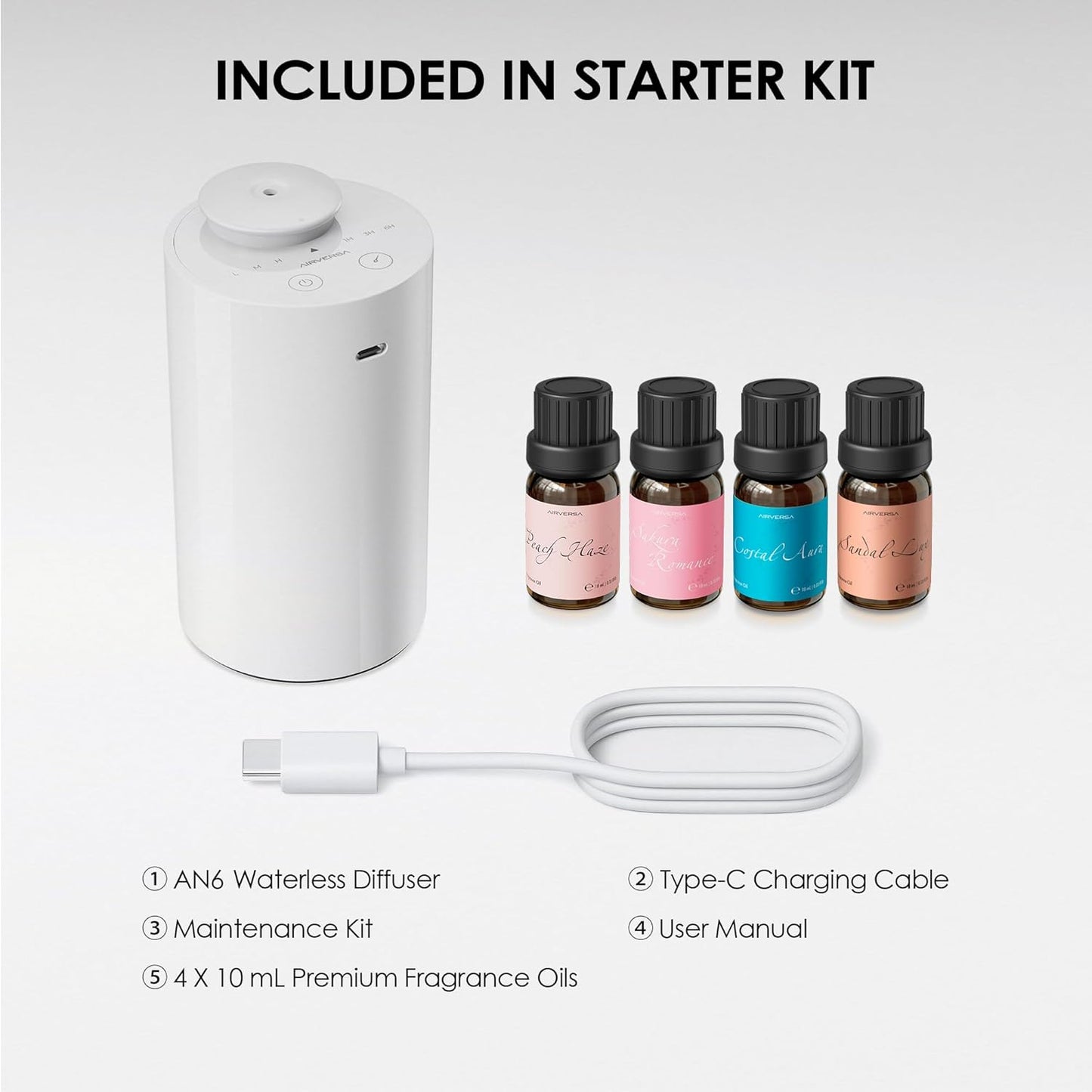 Airversa Waterless Essential Oil Diffuser Starter Kit with 4 x 10mL Fragrance Scent Oil, Battery Operated Mini Scent Air Machine Portable Diffuser for Home Car Office, AN6 White Kit01