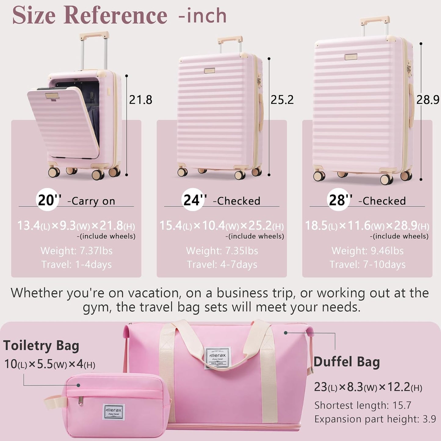 Merax Luggage Sets 3 Piece Front Opening, Hardside Lightweight Carry on Suitcase with Cup Holder USB Port,Durable Expandable Luggage with Bags Spinner Wheels and TSA Lock,Pink