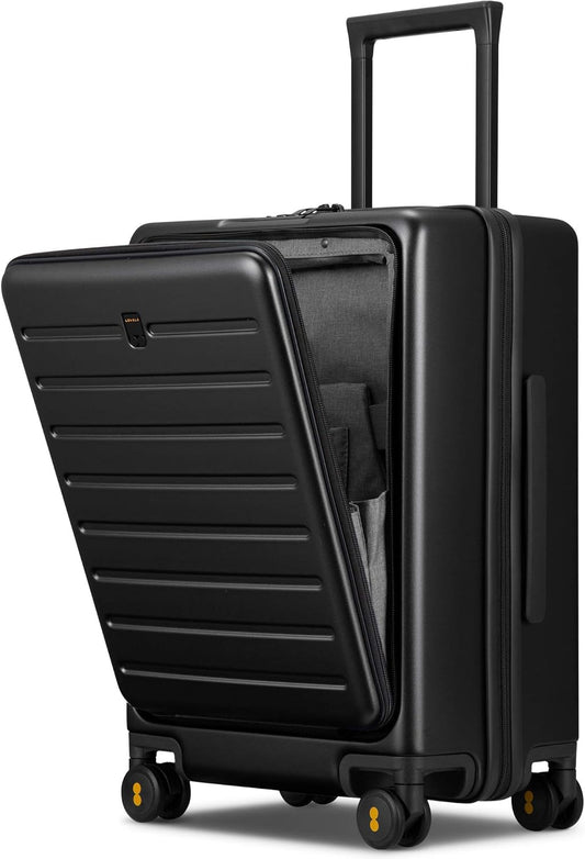 LEVEL8 Carry On Luggage with Compartment, 20 Inch Lightweight Hard Shell Rolling Suitcase with Wheels Airline Approved with Front Pocket, Double Tsa Locks, Black