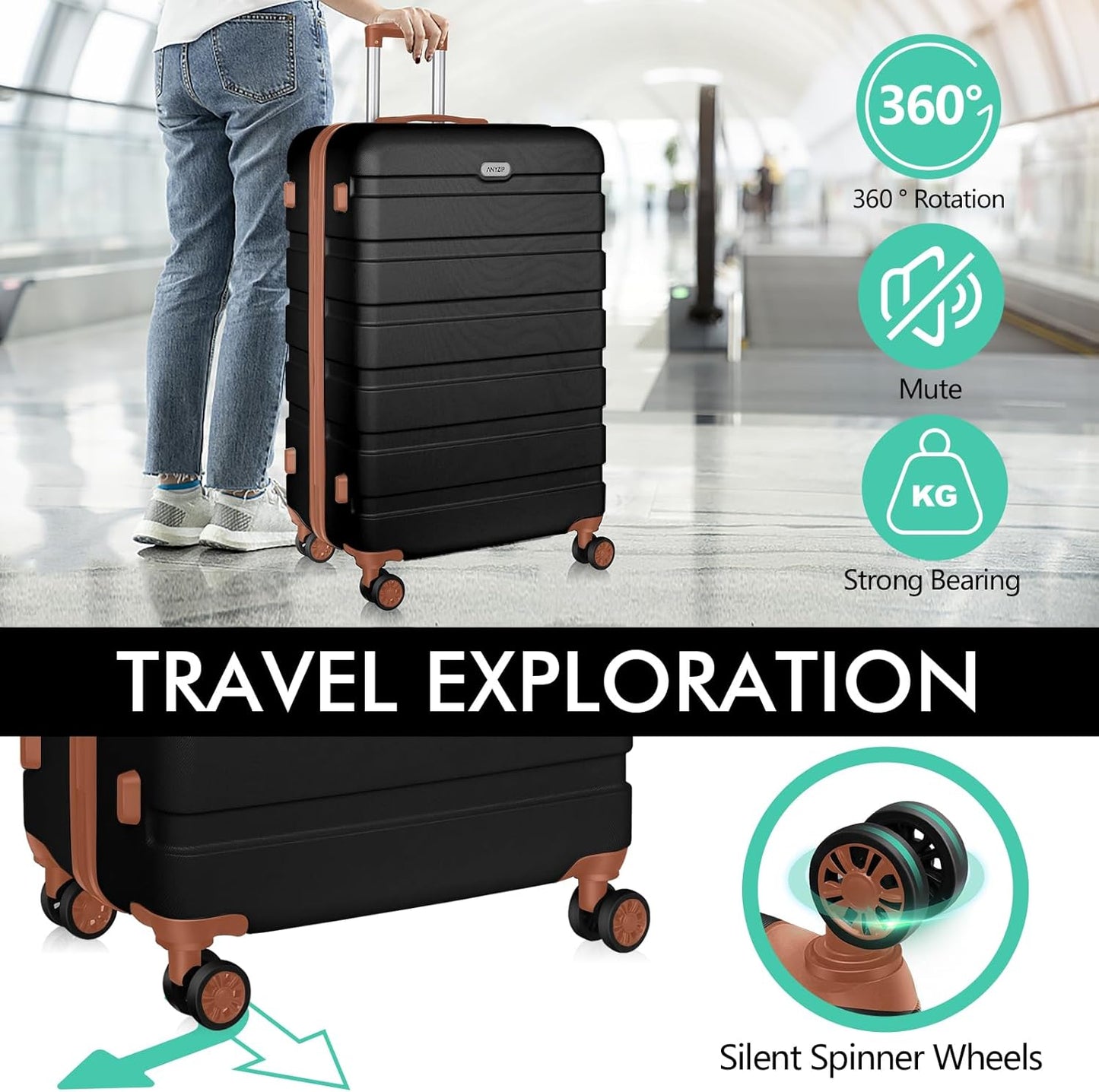 AnyZip Luggage PC ABS Hardside Lightweight Suitcase with 4 Universal Wheels TSA Lock Checked-Medium 24 Inch Black Brown