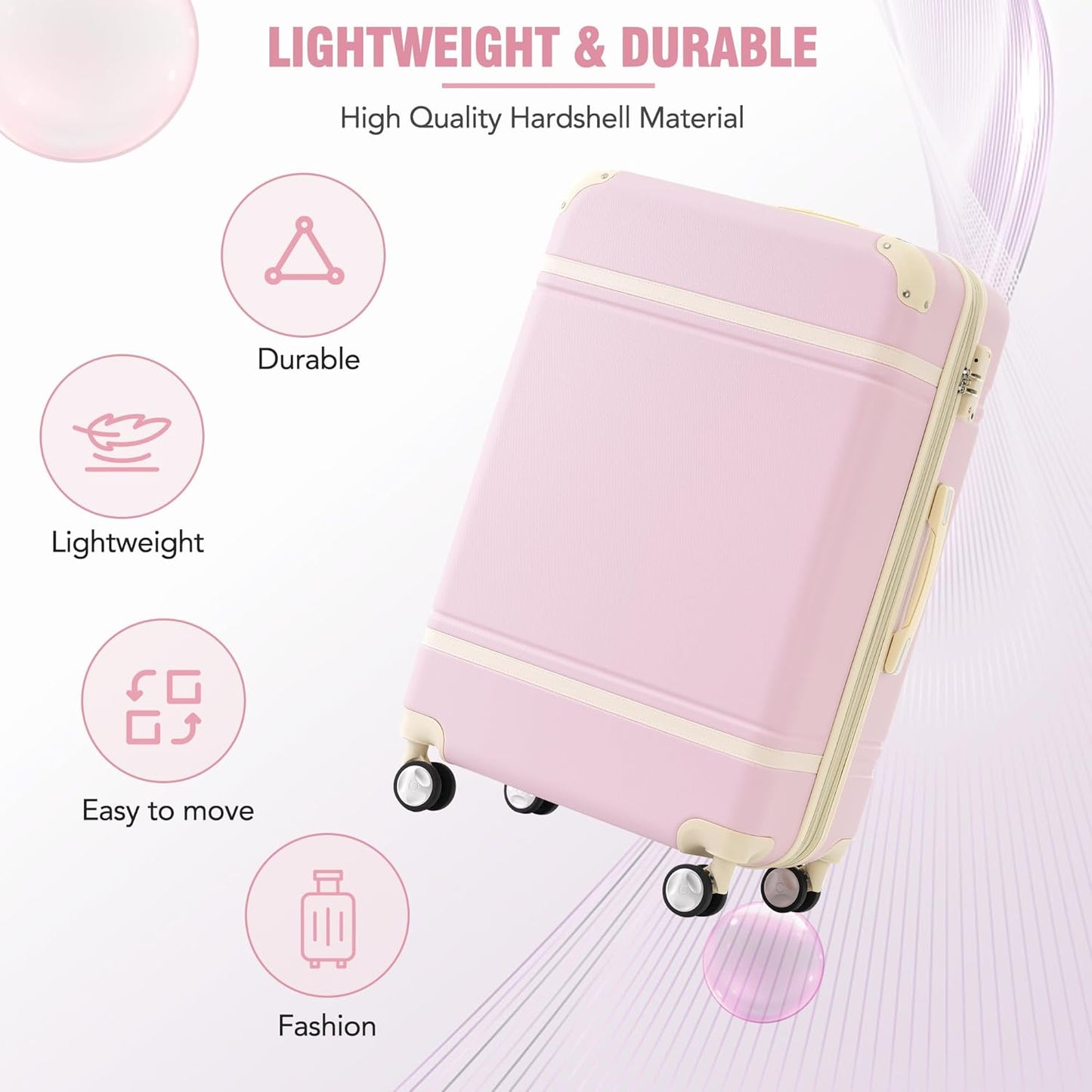 Merax Luggage Set 3 Piece Suitcase Set with 1 Cosmetic Case Expandable Spinner Wheels Vintage Luggage Sets(Light Pink,20"+24"+28")