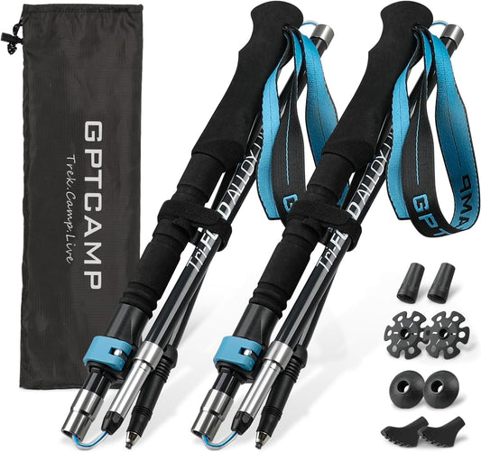 GPTCAMP Walking Sticks Collapsible Hiking Poles,Lightweight Trekking Poles Made of Carbon -Aluminum,2pc Folding Halking Stick for Men & Women,with Extra-Long Foam Handle and Flip Lock,Blue