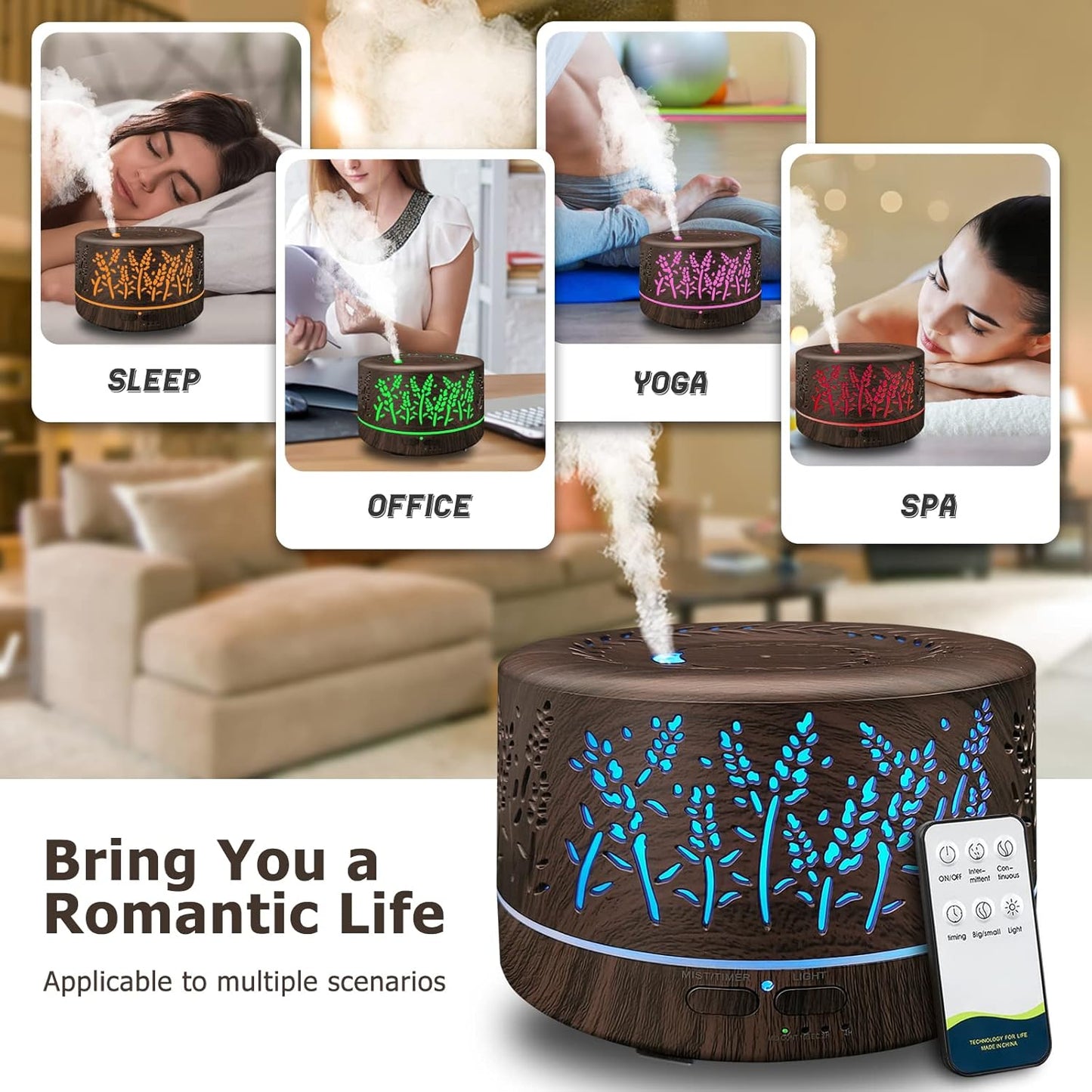 Diffusers for Essential Oils Large Room 600ml,Essential Oil Diffusers for Home with R/C,Cool Mist Humidifier,7 Colors Lights & 3 Mist Mode Waterless Auto Off for Office