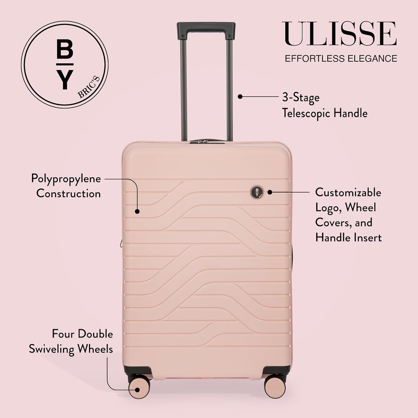 Bric's B|Y Ulisse Spinner Suitcase, Expandable Hard Shell Luggage with TSA Lock and Smooth 360° Wheels 28" – Pearl Pink