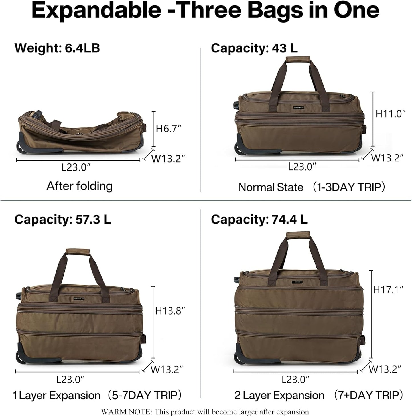 Hanke Expandable Carry On Luggage Suitcases with Wheels Foldable Duffle Bag for Travel Carry On suitcase Weekend Bag for Women Men（Coffee）