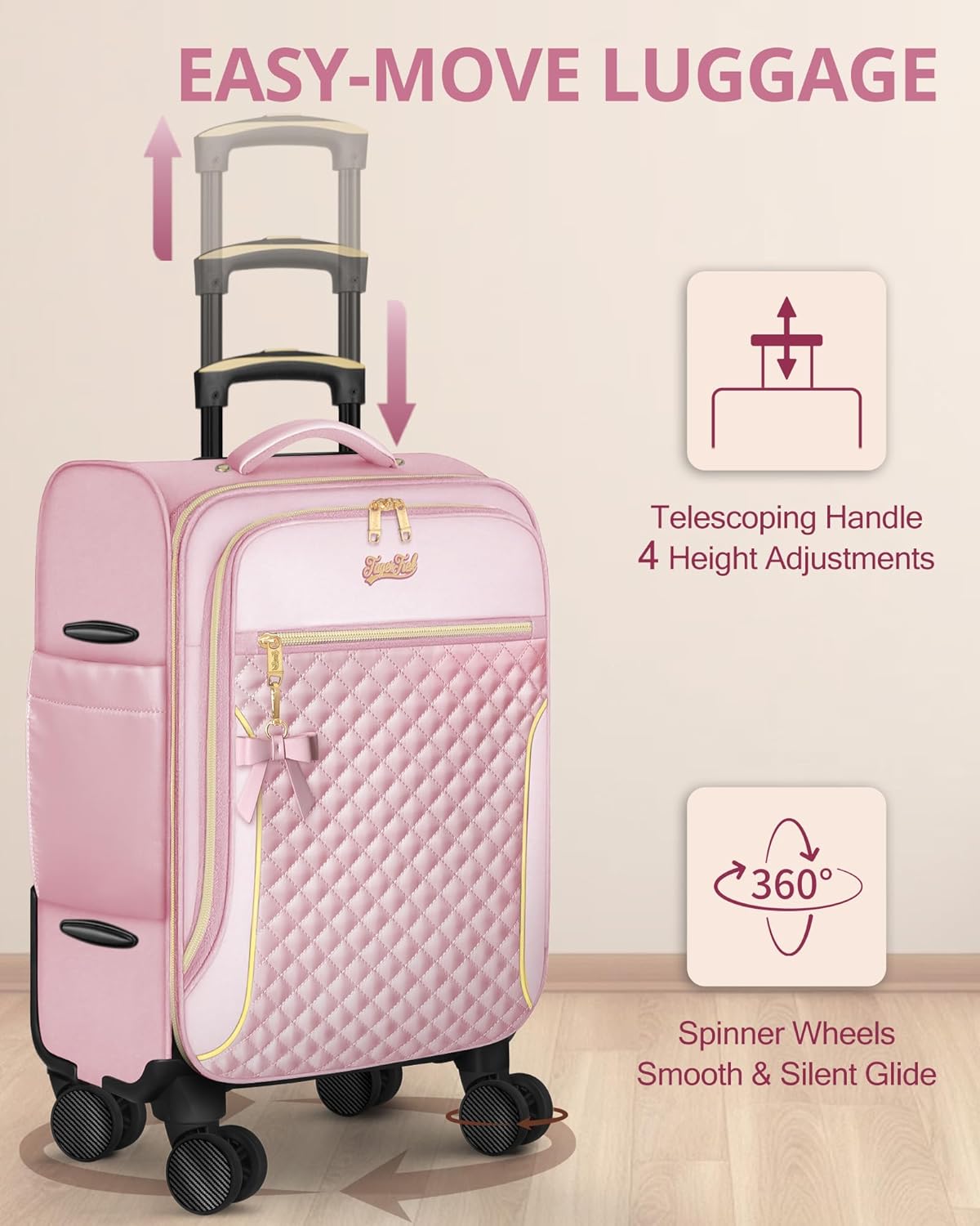 Carry On Luggage 22x14x9 Airline Approved, 20 Inch Softside Suitcase with 4 Pcs, Lightweight Luggage for Women with TSA Lock and 4 Spinner Wheels, Soft Side Carry-on Suitcases for Travel, Pink