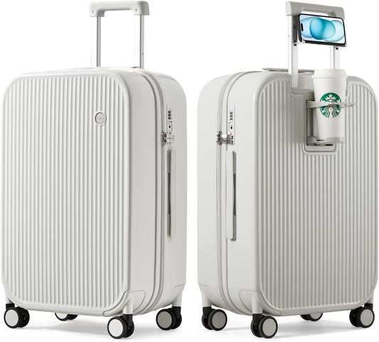 mixi Checked Luggage with Cup Phone Holder Hard Shell Rolling Travel Suitcase with Spinner Wheels,24 Inch Smoke White