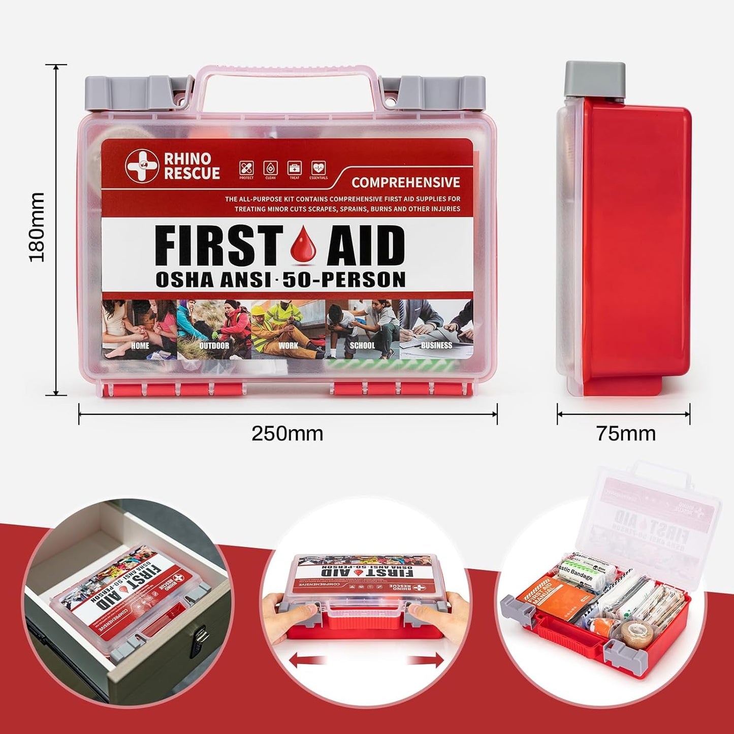 RHINO RESCUE 266 Pieces All-Purpose First Aid Kit, Home & Office Emergency Medical Supplies, Ideal for School, Car, Outdoor, Travel & Camping