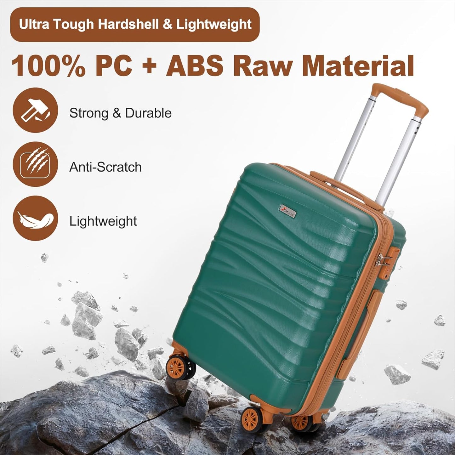 Romswi Expandable 28" Checked Luggage,Large Hardshell Suitcase with Double Spinner Wheels for 20% More Space, Airline Approved Lightweight Hardside Luggage, Scratch-Resistant & YKK Zipper,Green