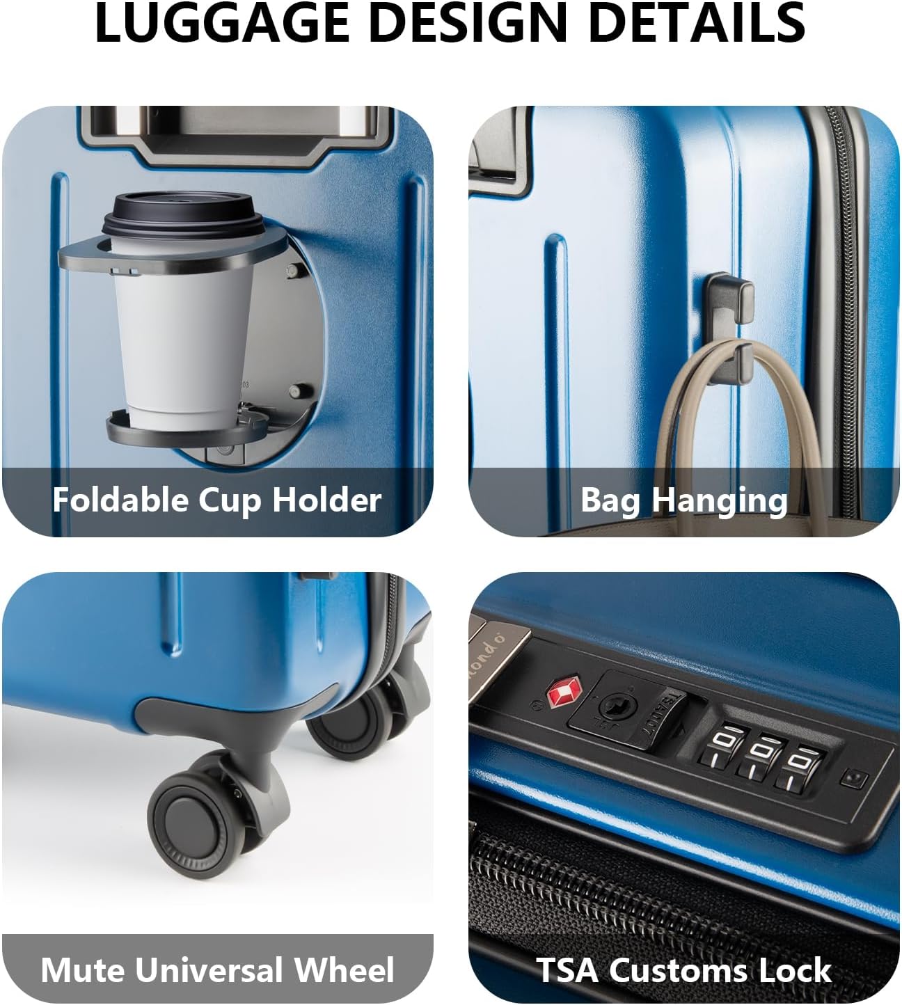 24-inch Top Opening Luggage with 360° Silent Wheels, TSA Lock, Collapsible Cup Holder & Bag Hook - Lightweight Hardshell Suitcase for Business Travel & Vacation(Blue)