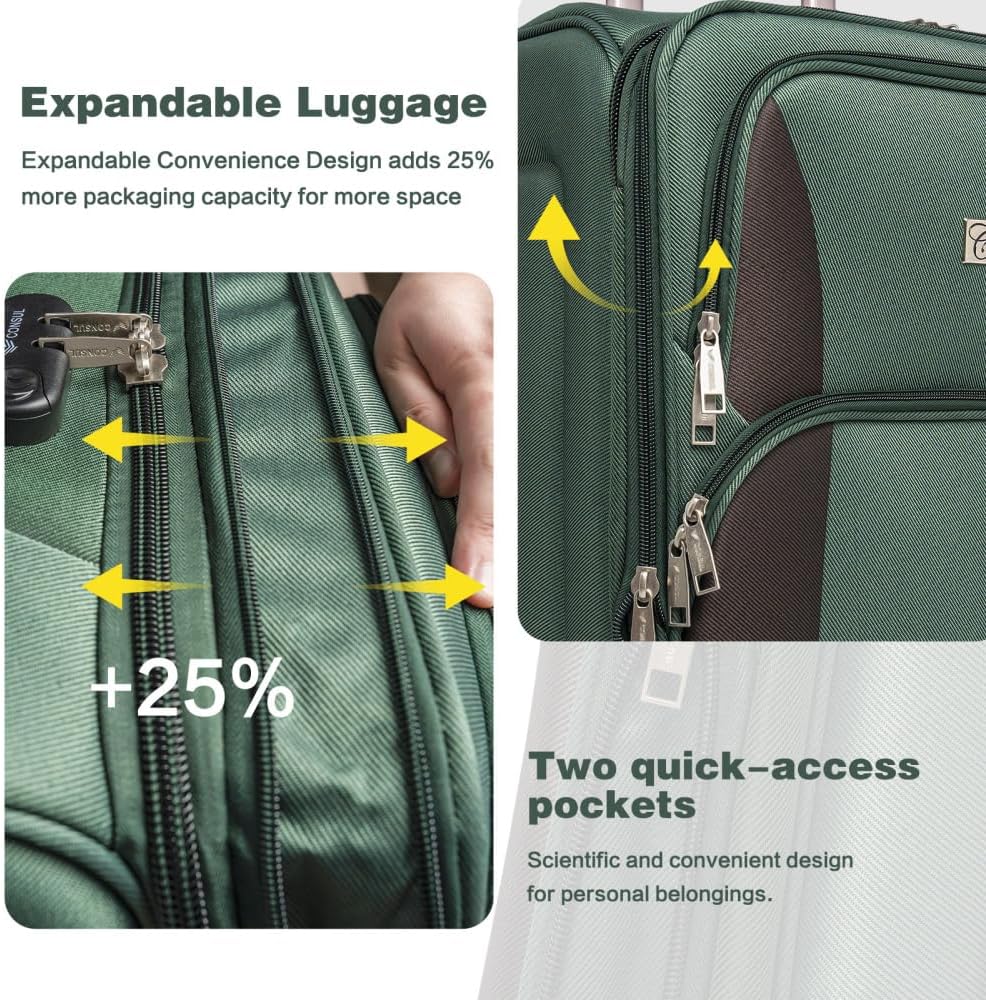 Lispin Luggage Set Softshell Expandable 4 Piece Suitcase with Wheels Softside Lightweight Travel Carry on Luggage (Dark Green + Polyester)