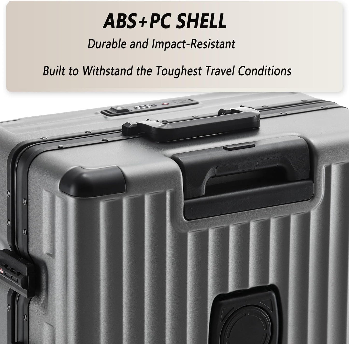 26 Inch Zipperless Checked Travel Luggage with Spinner Wheels,Aluminum Frame Hard Shell Front Pocket Suitcase with Compartment TSA Approved USB Port,Cup & Phone Holder for Women Men,Silver