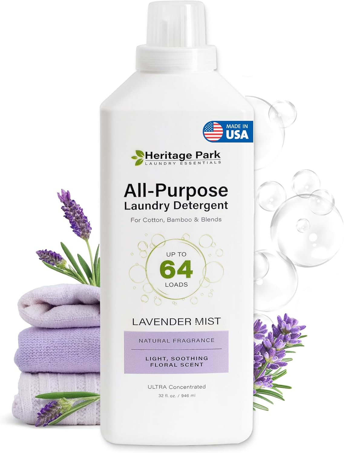 Heritage Park Luxury Laundry Detergent | Dermatologist Tested Plant based Natural & Enzyme Laundry Detergent | Sensitive Skin Friendly - Lavender Mist (32 fl oz)
