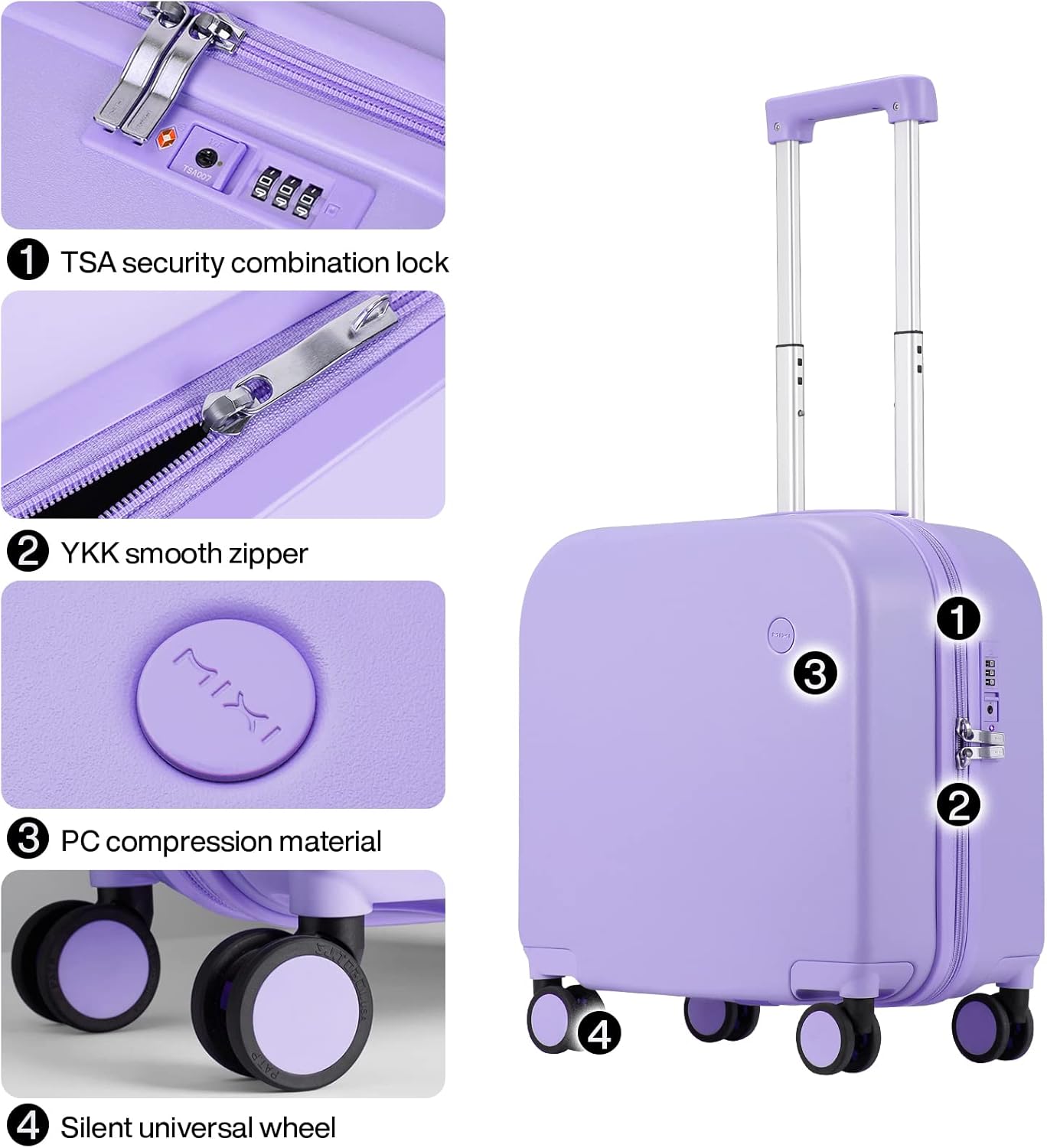 mixi Carry on Luggage, Suitcase with Spinner Wheels 16in Luggage Hardshell Lightweight Rolling Suitcases PC with Cover & TSA Lock, Lilac Purple