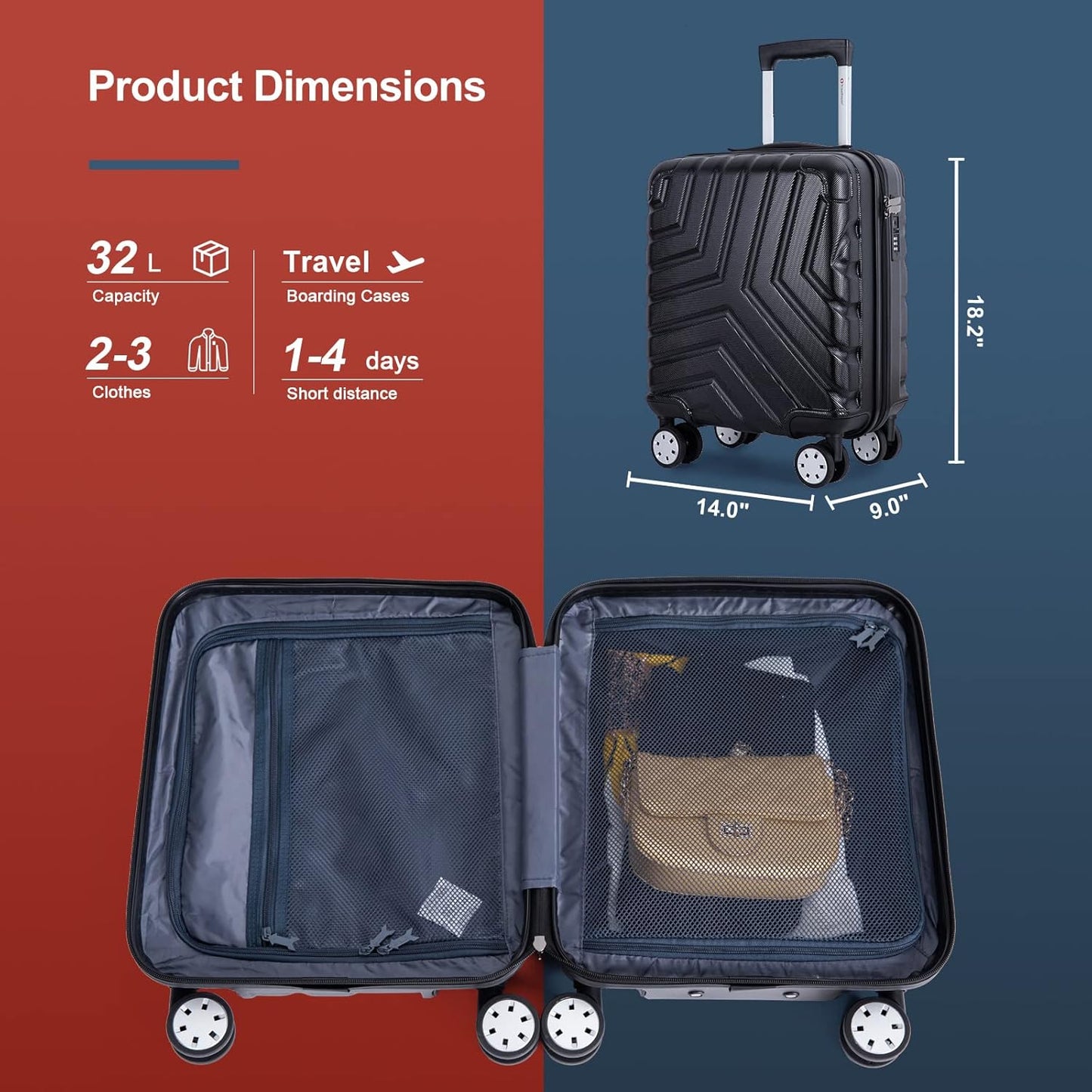 Travelhouse 16 Inch Carry On Luggage Airline Approved,Hardshell Small Carry Suitcases with 360° Spinner Wheels, Rolling Suitcase with TSA Approved