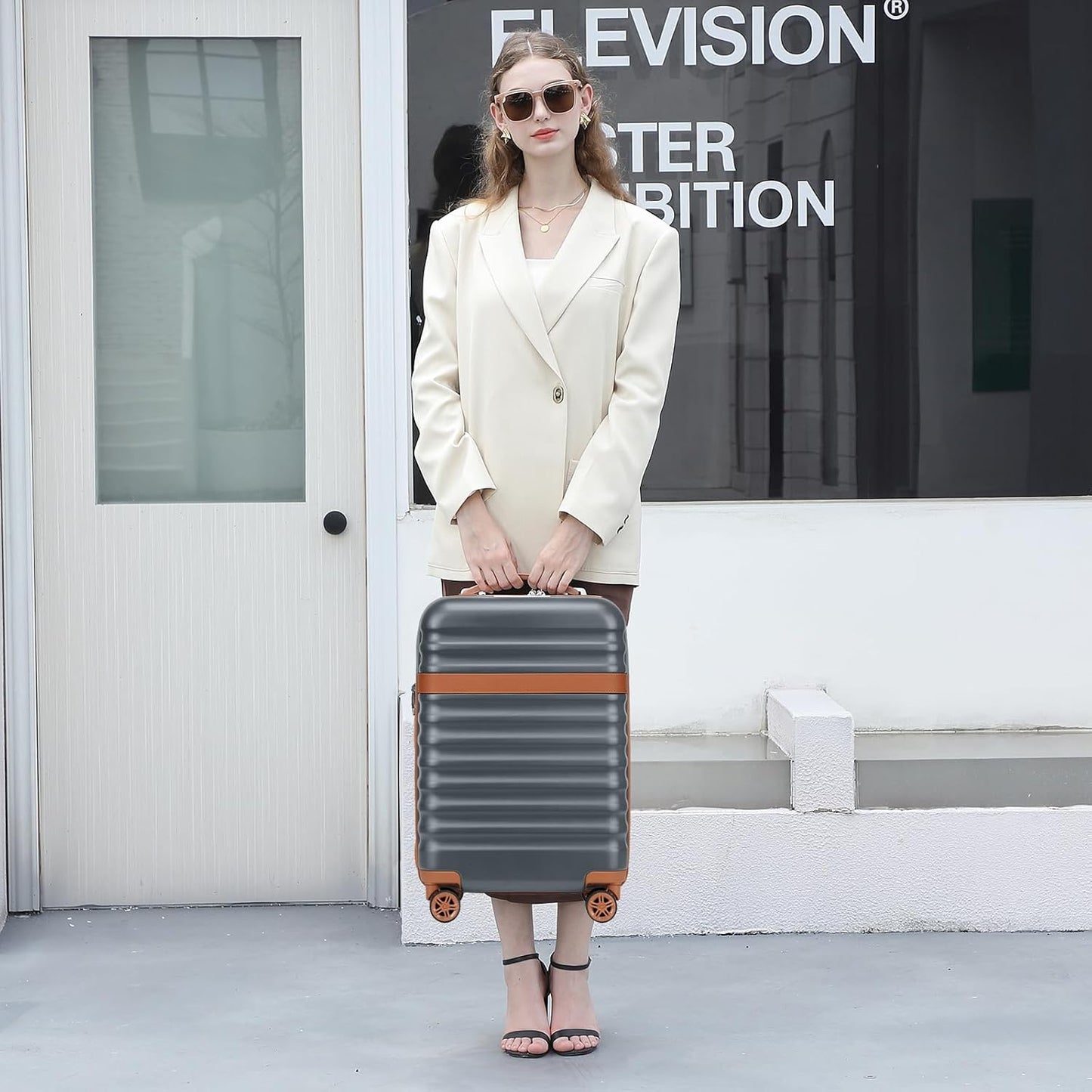 Kono Airline Approved Carry On Luggage 22x14x9 inches, with TSA Lock, 20 Inch Expandable Lightweight Hardshell Suitcase (Grey brown, Suitable for 1-3 Days of Travel)