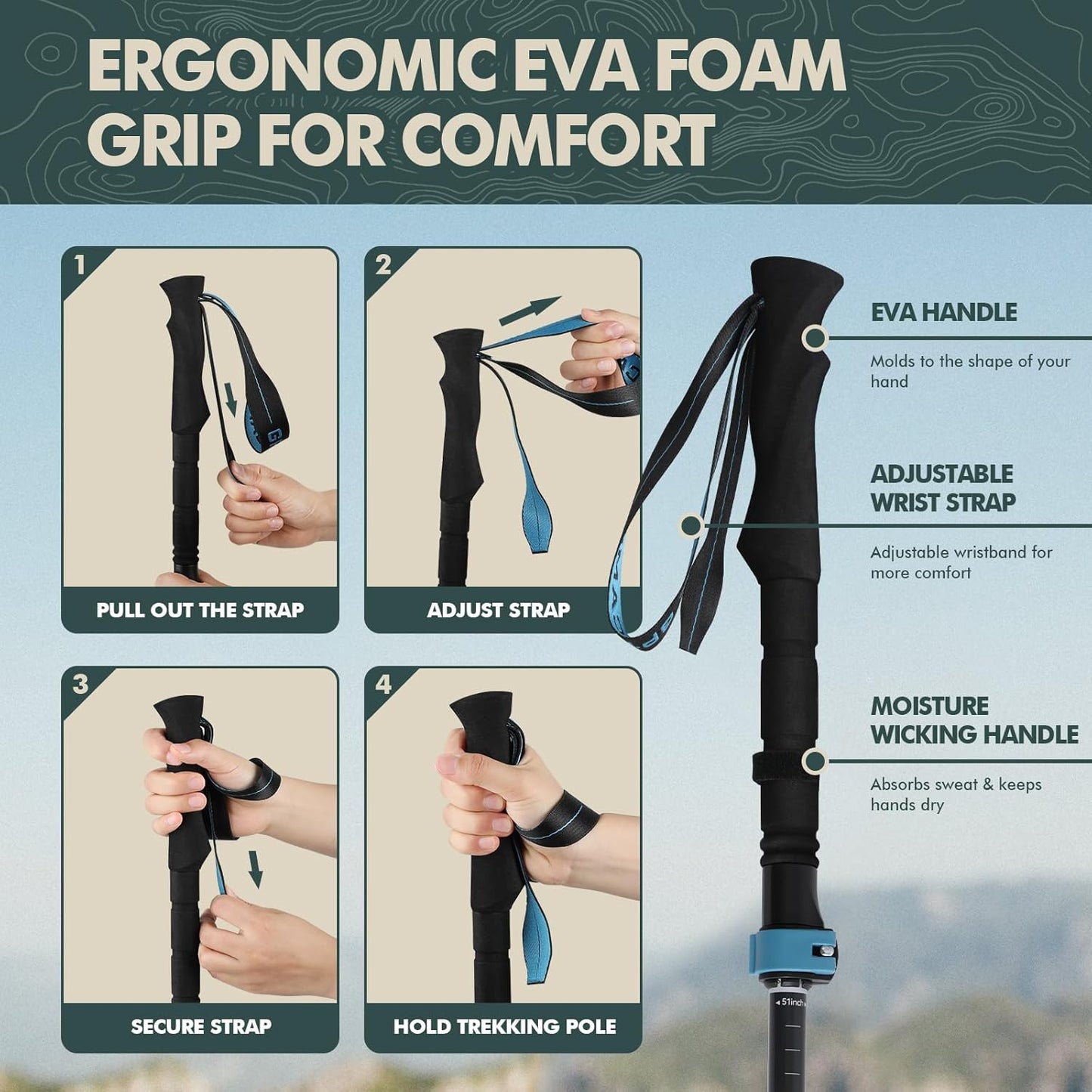 GPTCAMP Walking Sticks Collapsible Hiking Poles,Lightweight Trekking Poles Made of Carbon -Aluminum,2pc Folding Halking Stick for Men & Women,with Extra-Long Foam Handle and Flip Lock,Blue