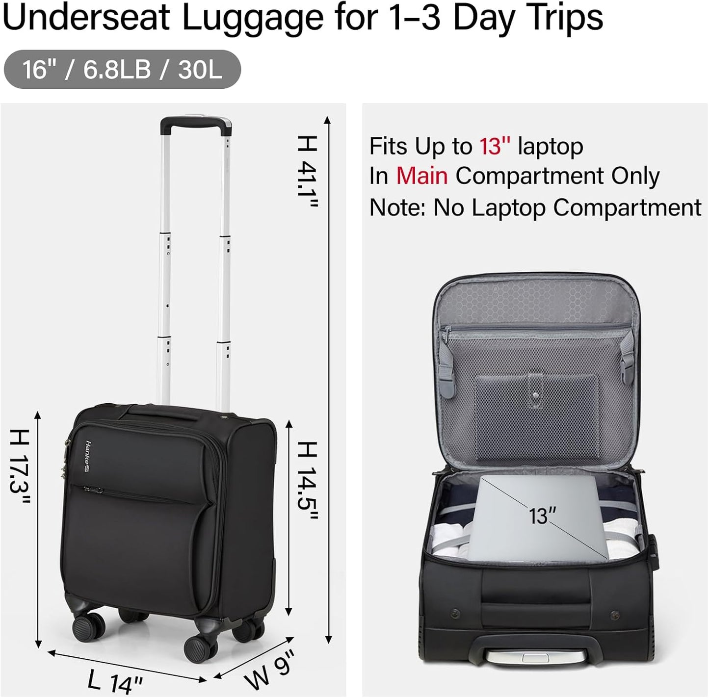 Hanke Underseat Carry On Luggage with Wheels, Spinner Small Suitcase, 16-Inch Rolling Under Seat Luggage, Softside Lightweight Carry On Bag for Airplane TSA Travel Personal Item, Black