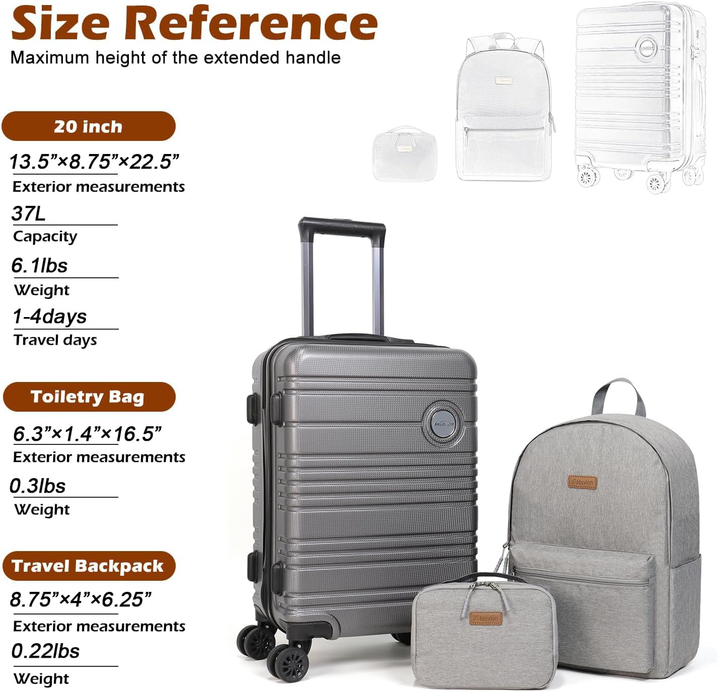 ABS+PC Carry on Luggage set with backpack 3 Pcs suitcace with Spinner wheels TSA Lock 20-In hardshell Lightweight Luggage set(Grey)