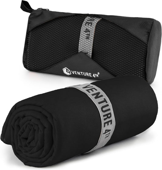 VENTURE 4TH Quick Dry Towel. Microfiber Travel Towel Ideal for Camping, Hiking, Backpacking, Gym. Lightweight & Fast Drying Travel Towels for Body. Compact & Easy to Pack - Black Large