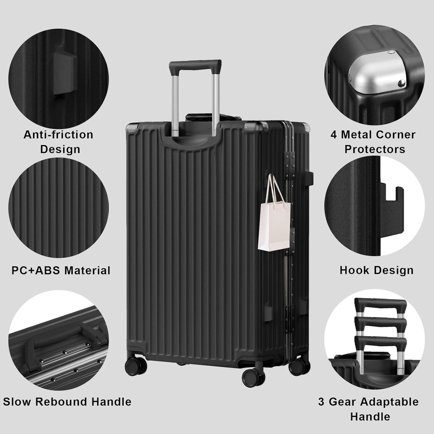 AnyZip Luggage Sets 2 Piece Aluminum Frame Carry On and Checked Suitcase PC ABS Hard Shell TSA Lock No Zipper(Black, 20/28)